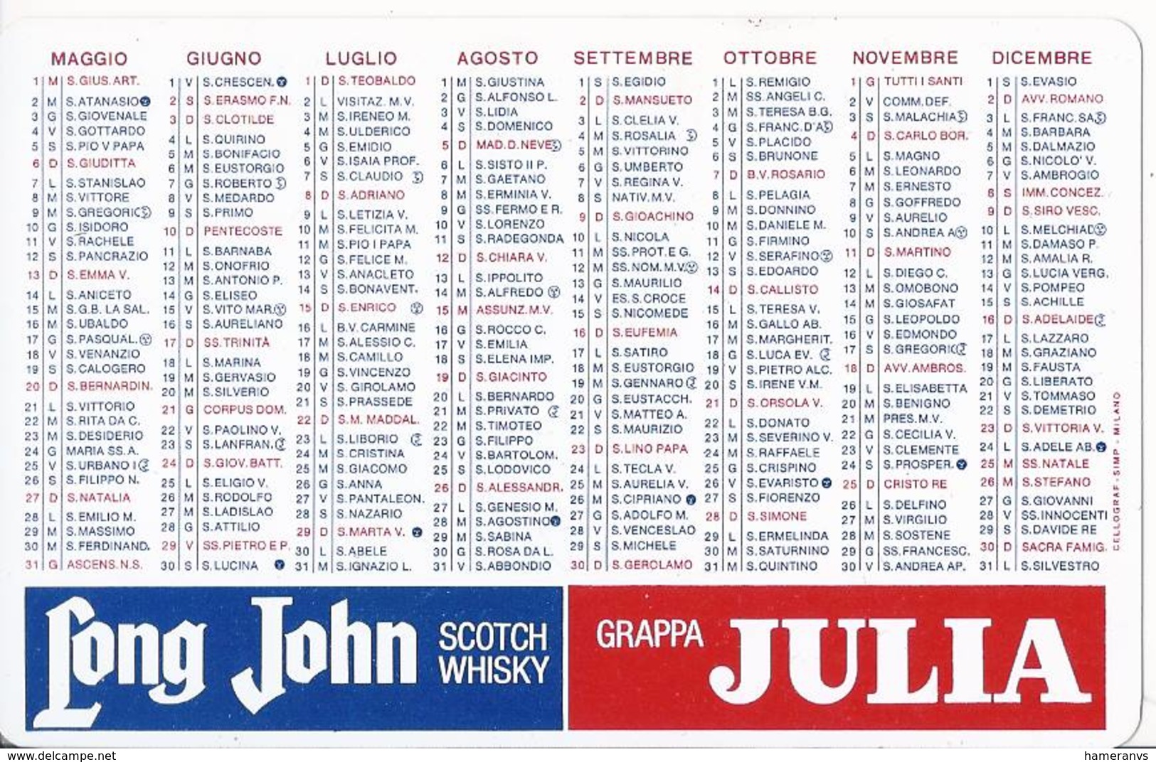 Calendarietto Stock - Long John Whisky - Grappa Julia - 1973 - Calendario - Formato Piccolo : 1971-80