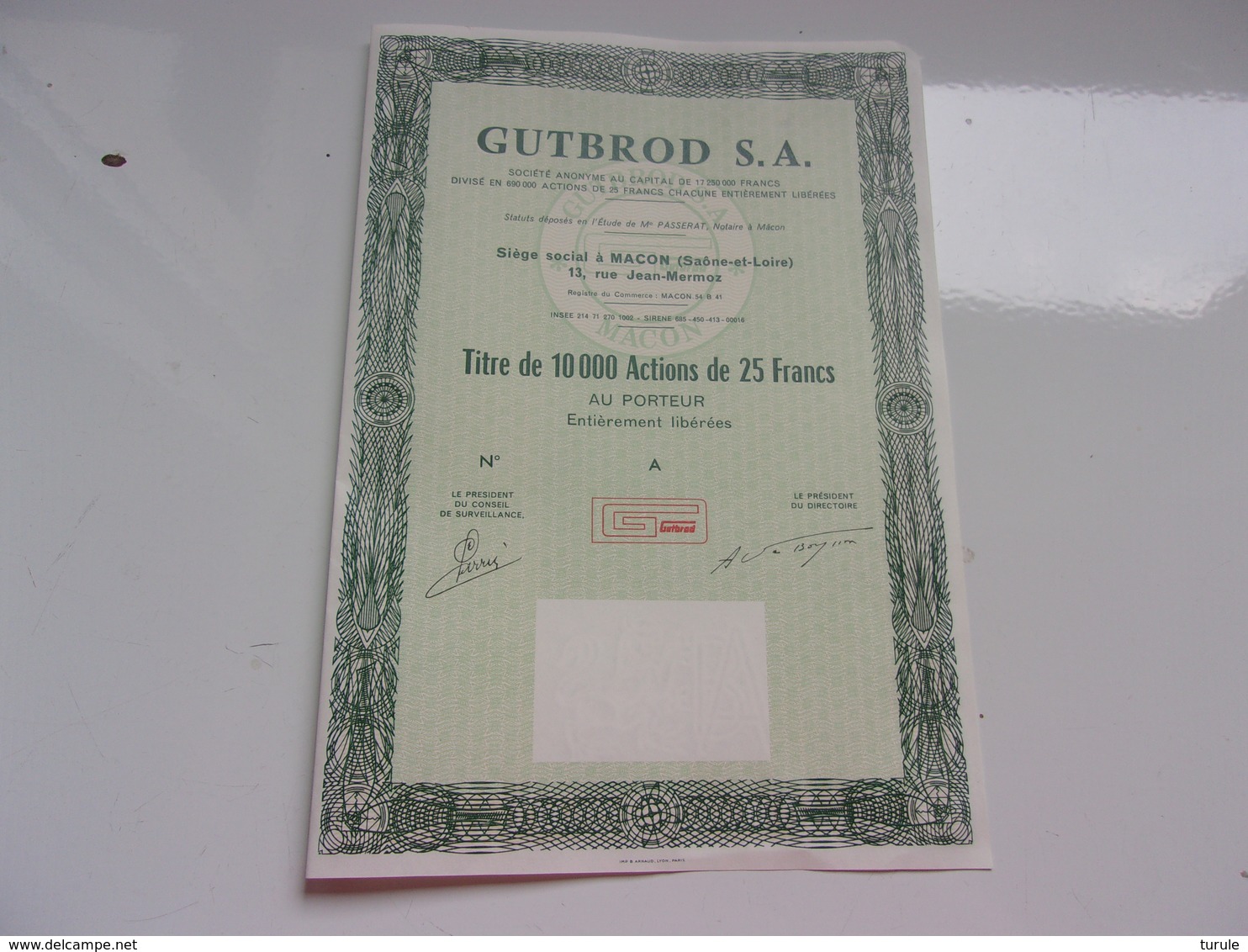 GUTBROD (titre De 10000 Actions De 25 Francs) Macon , Saone Et Loire - Autres & Non Classés