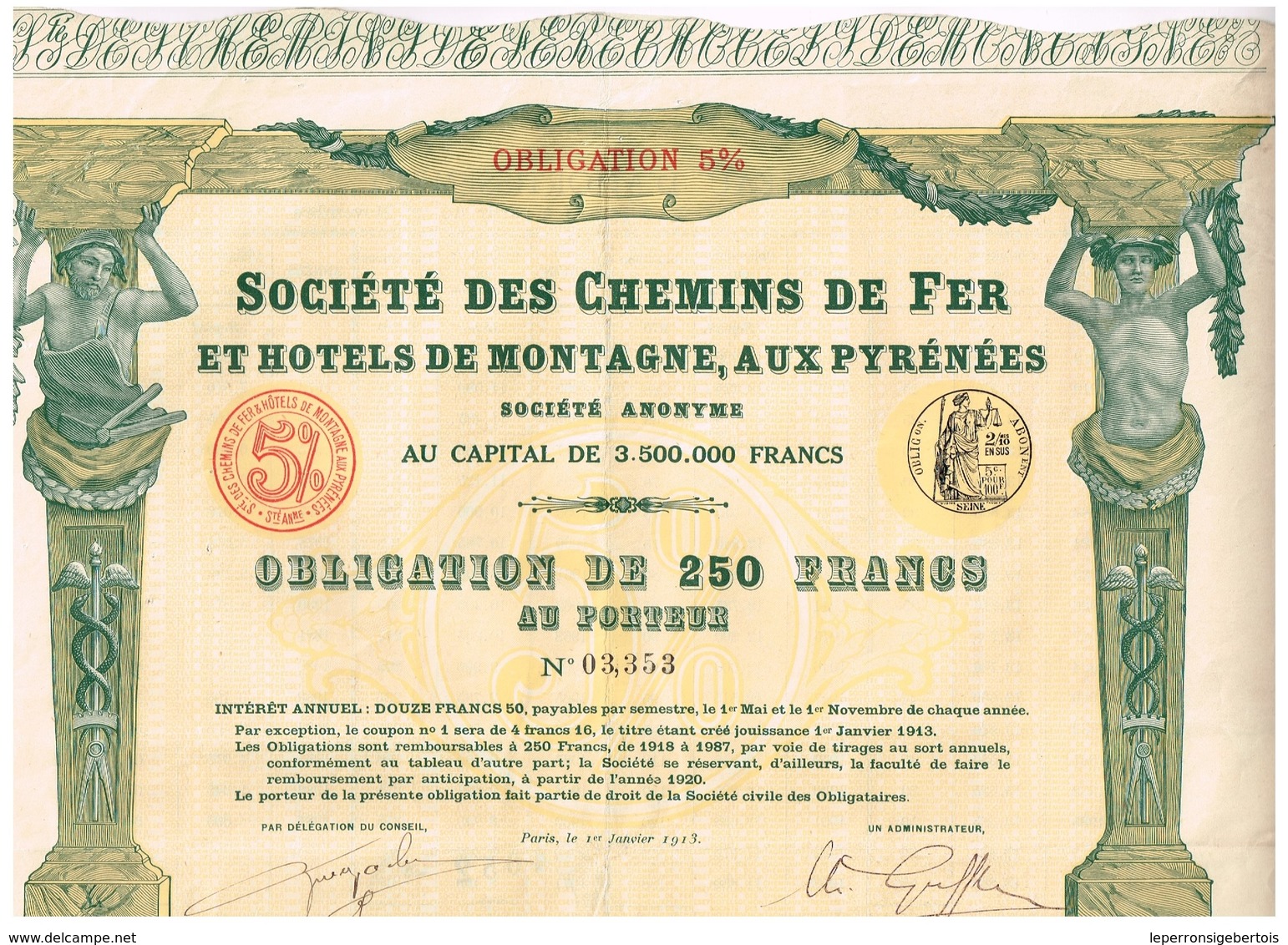 Obligation Ancienne - Société Des Chemins De Fer Et Hôtels De Montagne, Aux Pyrénées -Titre De 1913 - N° 3353 - Chemin De Fer & Tramway