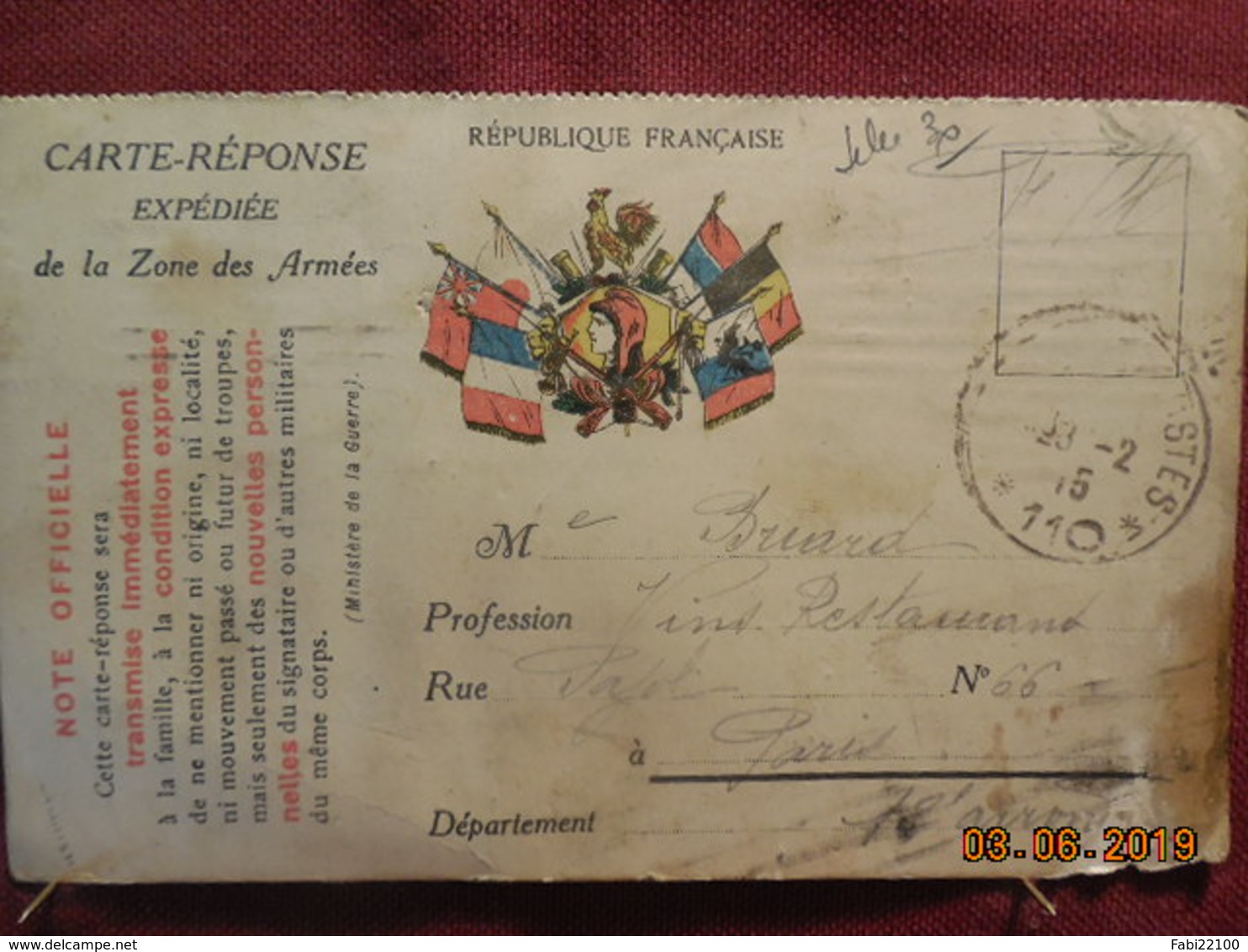 Carte Réponse De 1915 à Destination De Paris - Lettres & Documents