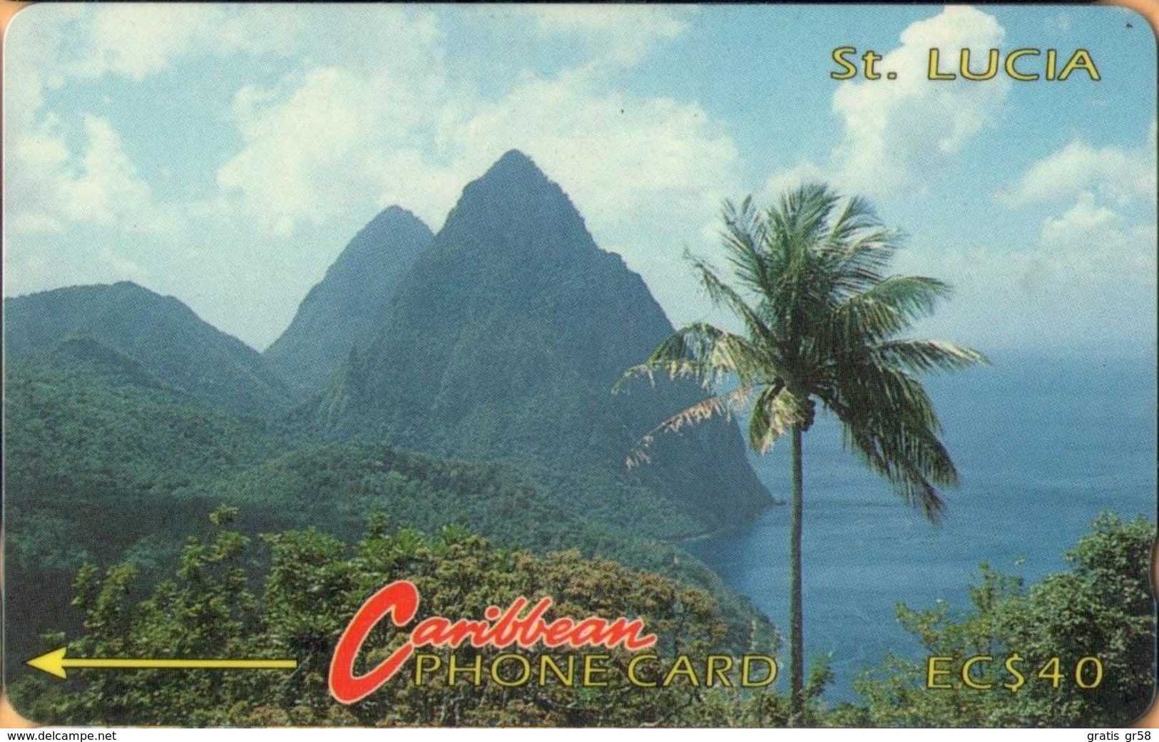 Saint Lucia - GPT, STL-3C, 3CSLC, SBr, Pitons 2 (Without Logo), Palm-trees, Rocks, 40$, 30,250ex, 1991, Used - Saint Lucia