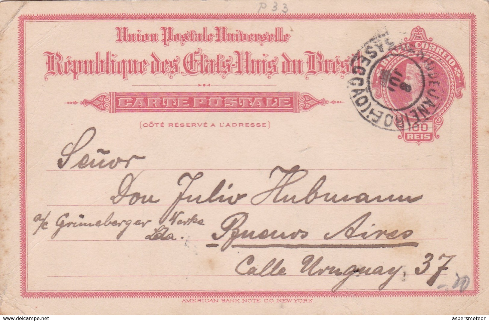 ENTERO ENTIER 100 REIS BRAZIL CORREIO CARD CIRCULEE YEAR 1916 TO BUENOS AIRES - BLEUP - Entiers Postaux