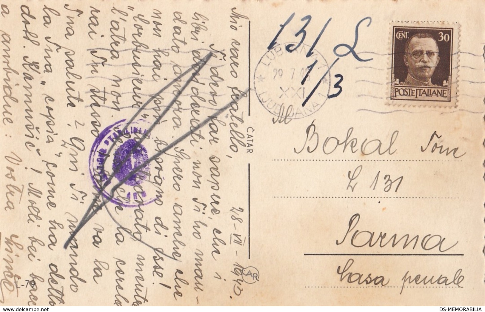 1943 ITALY SLOVENIA LUBIANA CENSORED POSTCARD SENT TO PARMA CASA PENALE, PRISON , IVAN CANKAR , VRHNIKA - Slowenien