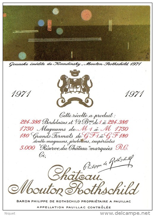 Etiquette Vin Mouton Rothschild, 1971, Gouache Inédite De Handinsky, 150  Cl - Red Wines