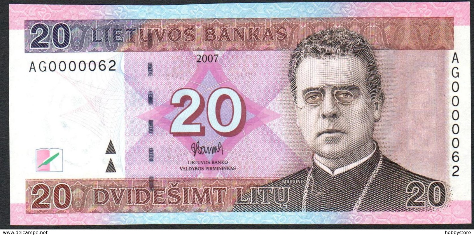 Lithuania 20 Litu 2007 UNC Low Serial AG0000062 - Lituania