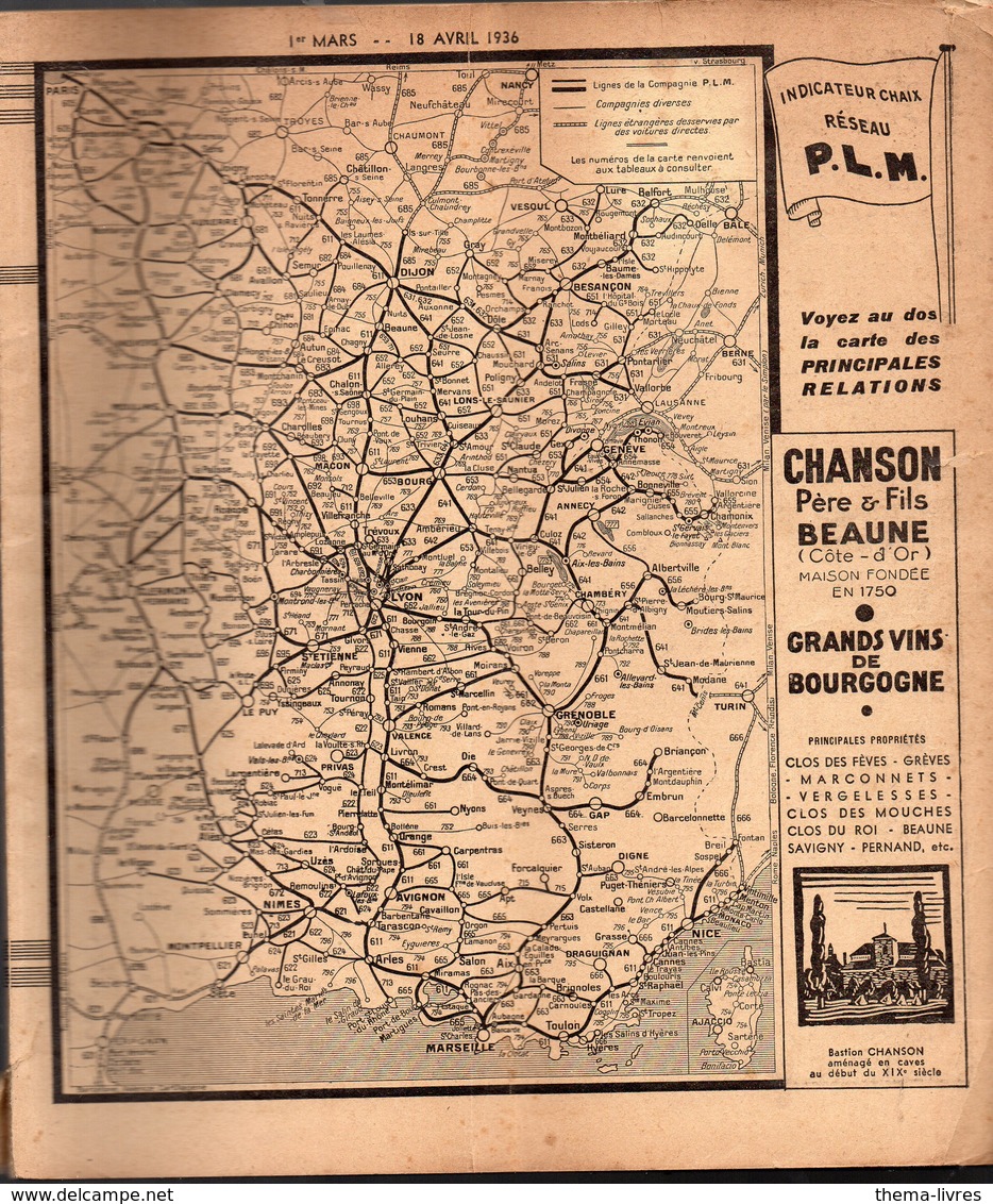 Indicateur Horaires CHAIX  Mars Avril 1936  RESEAU PLM   (CAT 1426) - Europe