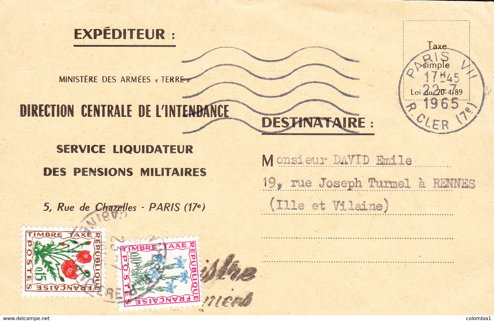 FRANCE Lettre Taxée (MINISTERE Des ARMEES De Terre) De PARIS VII Rue Cler Du 22 Juillet 1965 Via RENNES - 1921-1960: Période Moderne