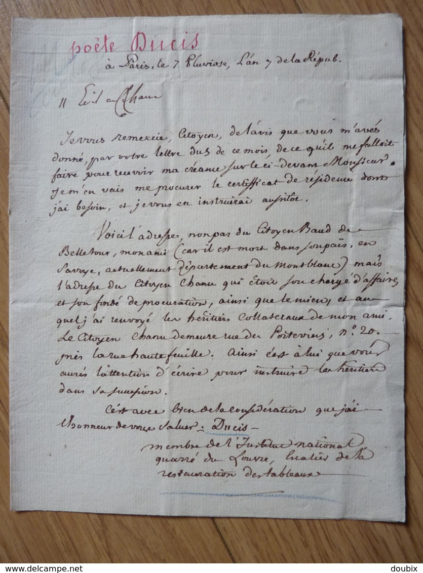 Jean François DUCIS (1733-1816) Poète ACADEMIE FRANCAISE. Institut National Louvre. CONVENTION. Autographe - Autres & Non Classés