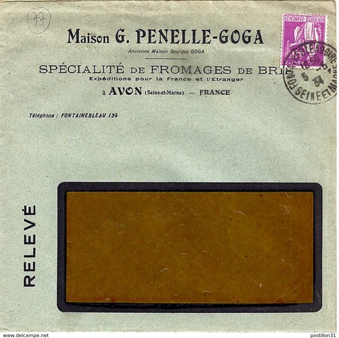 77 - SEINE ET MARNE - AVON -  ENTETE "MAISON PENELLE-GOGA/FROMAGES DE BRIE"  1934 - Manual Postmarks