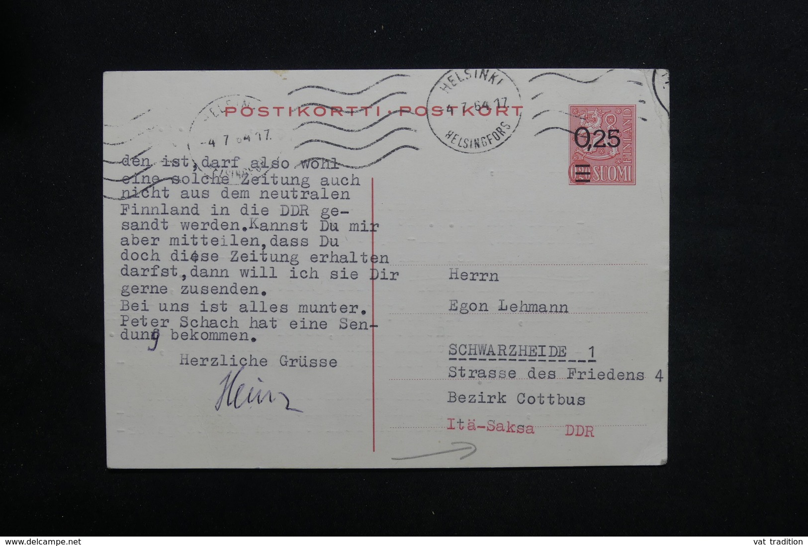 FINLANDE - Entier Postal Surchargé De Helsinki Pour L 'Allemagne En 1964 - L 31142 - Postal Stationery