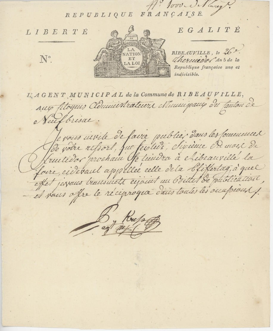 Ribeauvillé An 5 - 13.8.1797 Foire Médiéval Pfifferdag - Pfifferdaj Héraldique - Documents Historiques