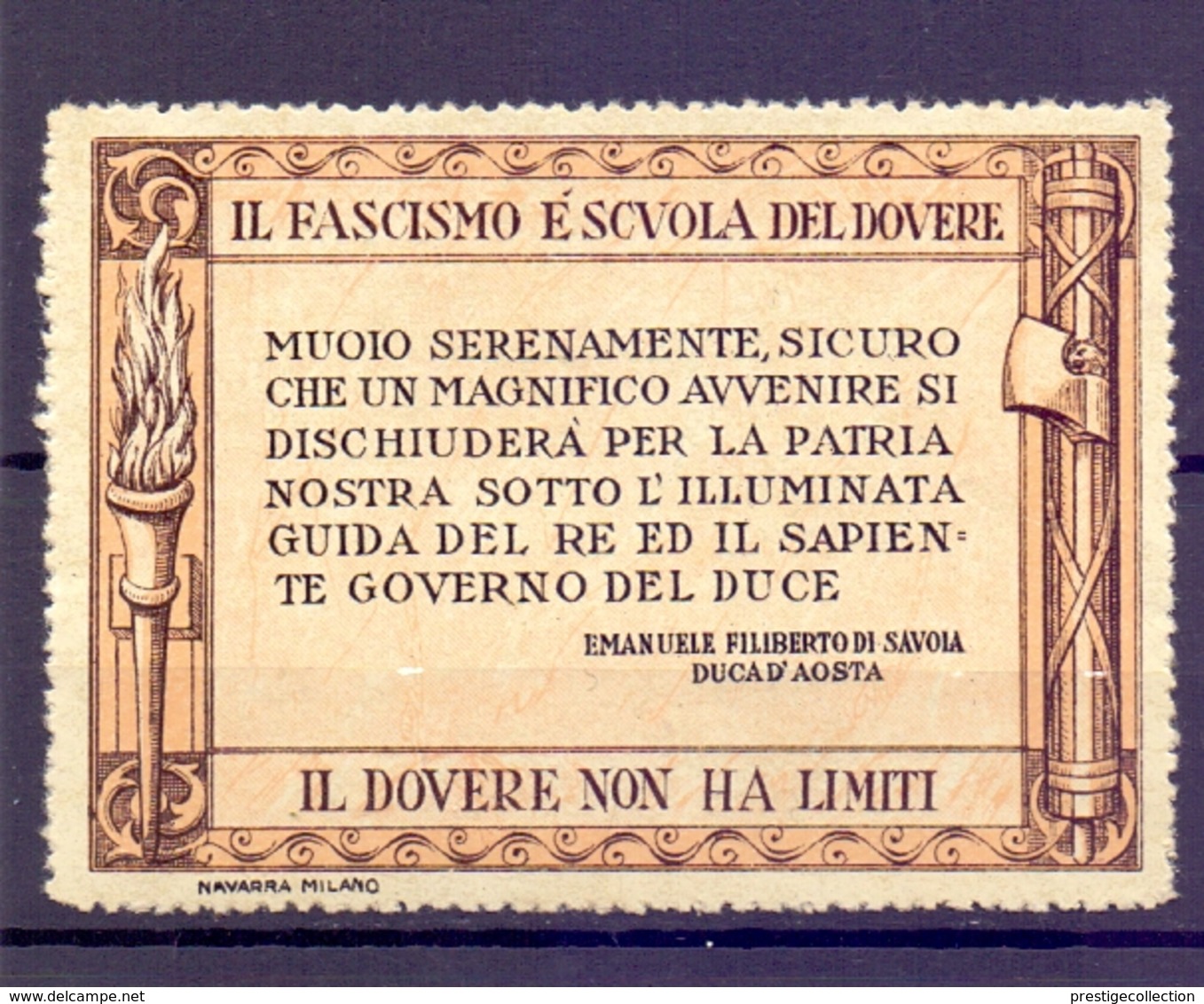 CINDERELLA ERINNOFILIA IL FASCISMO E' SCUOLA DEL DOVERE  DUCA D'AOSTA (GIUGN1900B4) - Erinnofilia