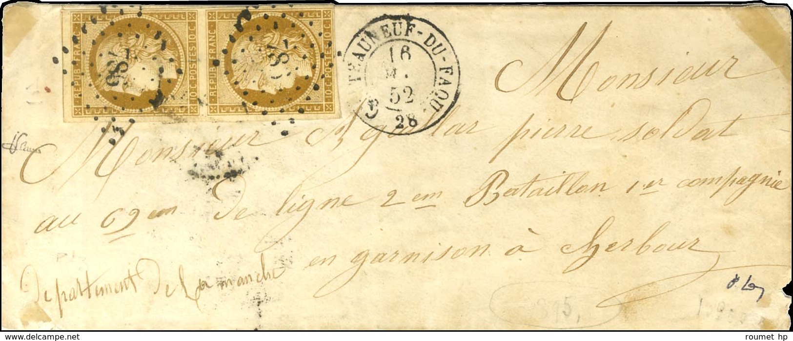 PC 786 / N° 1 Paire Càd T 15 CHATEAUNEUF-DU-FAOU 28 16 MAI 52 Sur Lettre Au Tarif Réduit De Militaire Pour Cherbourg. -  - 1849-1850 Ceres