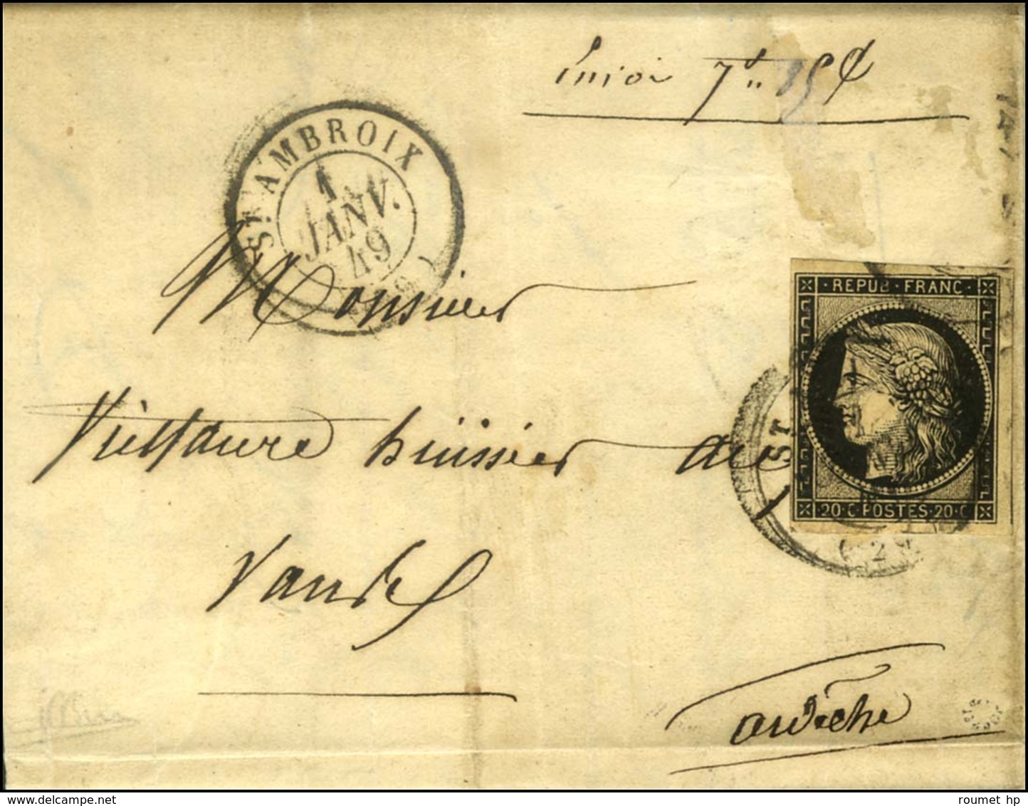 Càd T 15 ST AMBROIX (29) 1 JANV. 49 / N° 3 Sur Lettre Initialement Prévue En Double Port (le Texte Mentionne Des Documen - 1849-1850 Cérès