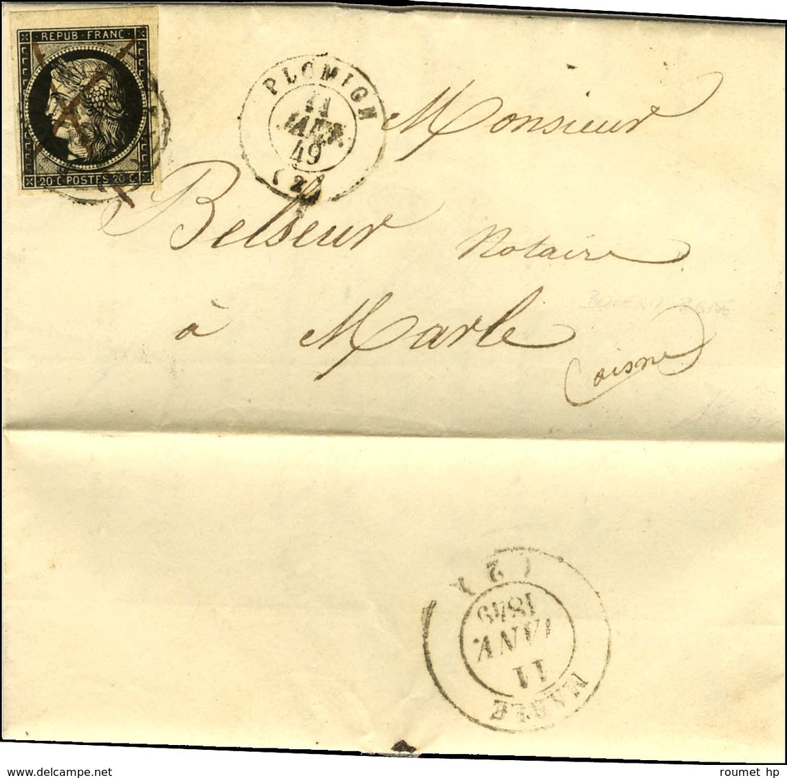 Plume + Càd T 15 PLOMION (2) 11 JANV. 49 / N° 3 Sur Lettre Avec Texte Daté De Dagny Lambercy Le 9 Janvier 1849 Pour Marl - 1849-1850 Cérès