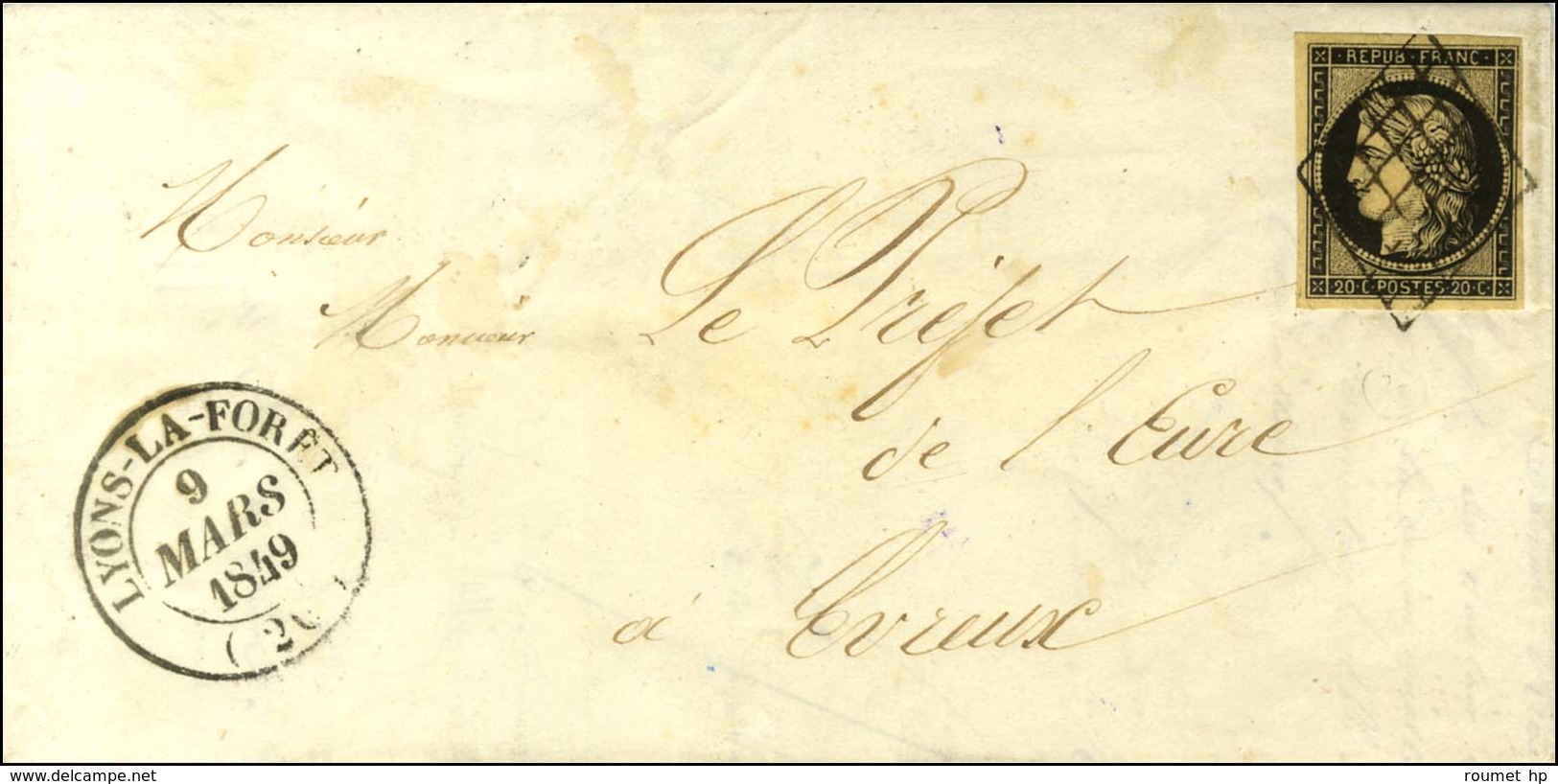 Grille / N° 3 Noir Sur Jaune Càd T 14 LYONS-LA-FORÊT (26) Sur Lettre Pour Evreux. 1849. - SUP. - R. - 1849-1850 Cérès