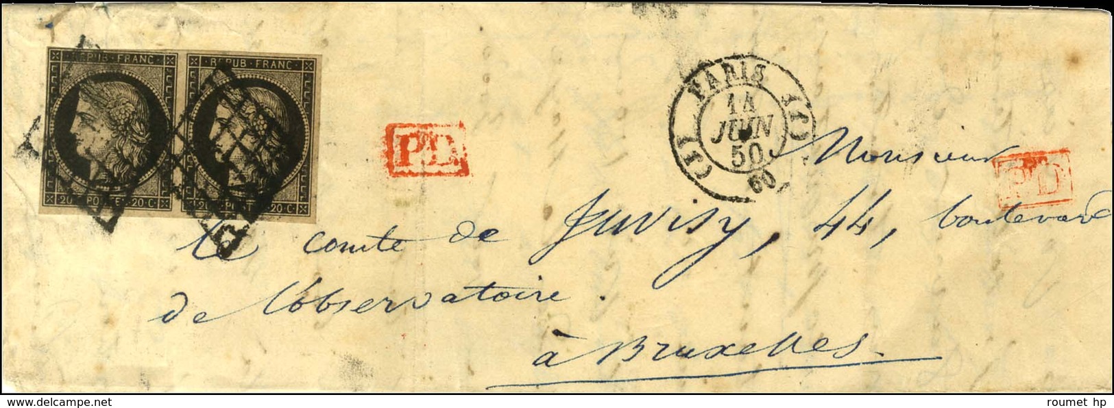 Grille / N° 3 Paire Càd (J) PARIS (J) 60 Sur Lettre Pour Bruxelles. 1850. - TB / SUP. - R. - 1849-1850 Ceres