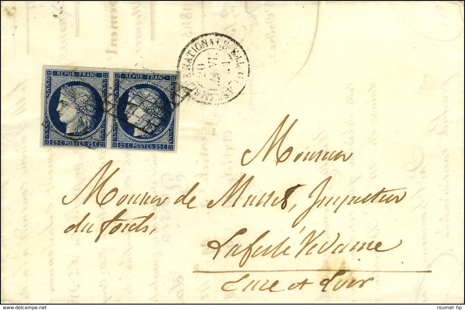 Grille / N° 4 Paire Bleue Foncée Càd ASSEMBLEE NATIONALE / POSTES Sur Lettre 2 Ports. 1851. - TB. - R. - 1849-1850 Cérès