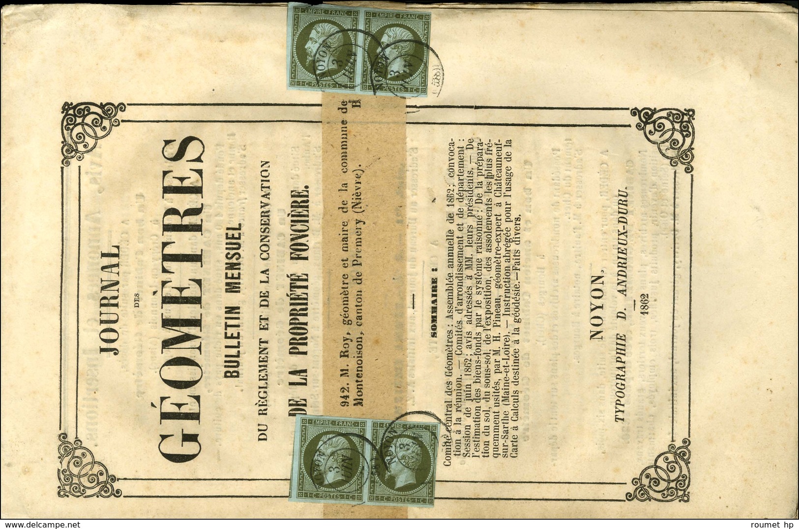 Càd T 15 NOYON (58) / N° 11 (2 Paires) Sur Journal Des Géomètres Adressé Sous Bande à Premery, Au Verso Càd D'arrivée. 1 - 1853-1860 Napoleon III