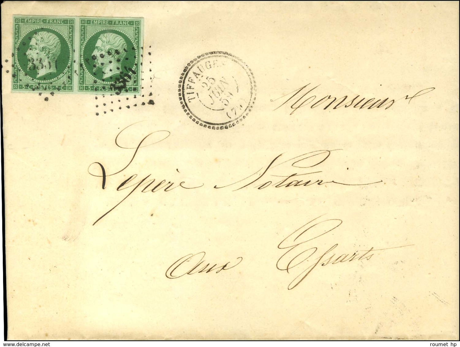 PC 3364 / N°12 Vert Foncé Sur Vert, Paire Càd T 22 TIFFAUGES (79) Sur Imprimé Complet Pour Les Essarts. 1859. - TB / SUP - 1853-1860 Napoléon III