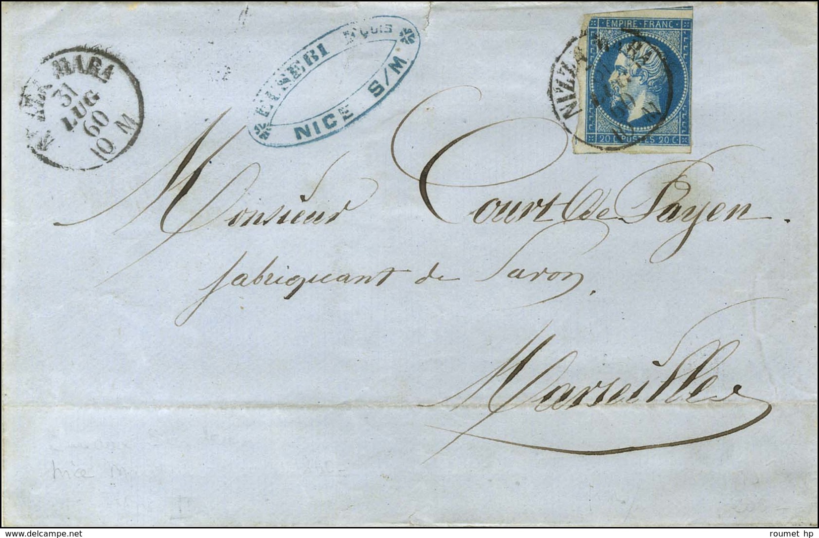 Càd NIZZA MARA / N° 14 (variété Coin Supérieur Gauche) Sur Lettre Pour Marseille. 1860. - TB / SUP. - R. - 1853-1860 Napoleone III