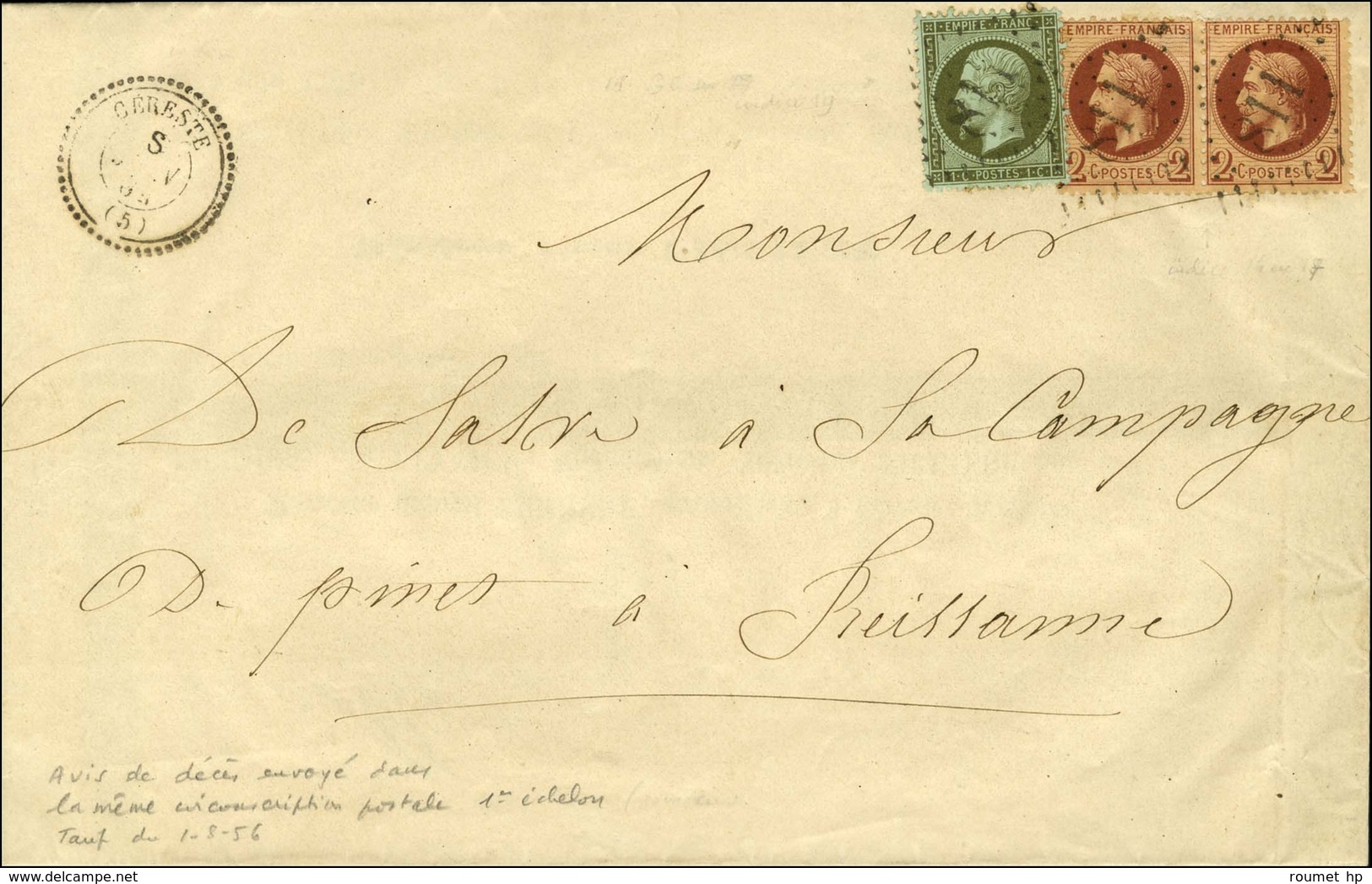 GC 811 / N° 19 + 26 Paire Càd T 22 CERESTE (5) Sur Imprimé Local. 1864. - TB / SUP. - R. - 1862 Napoléon III