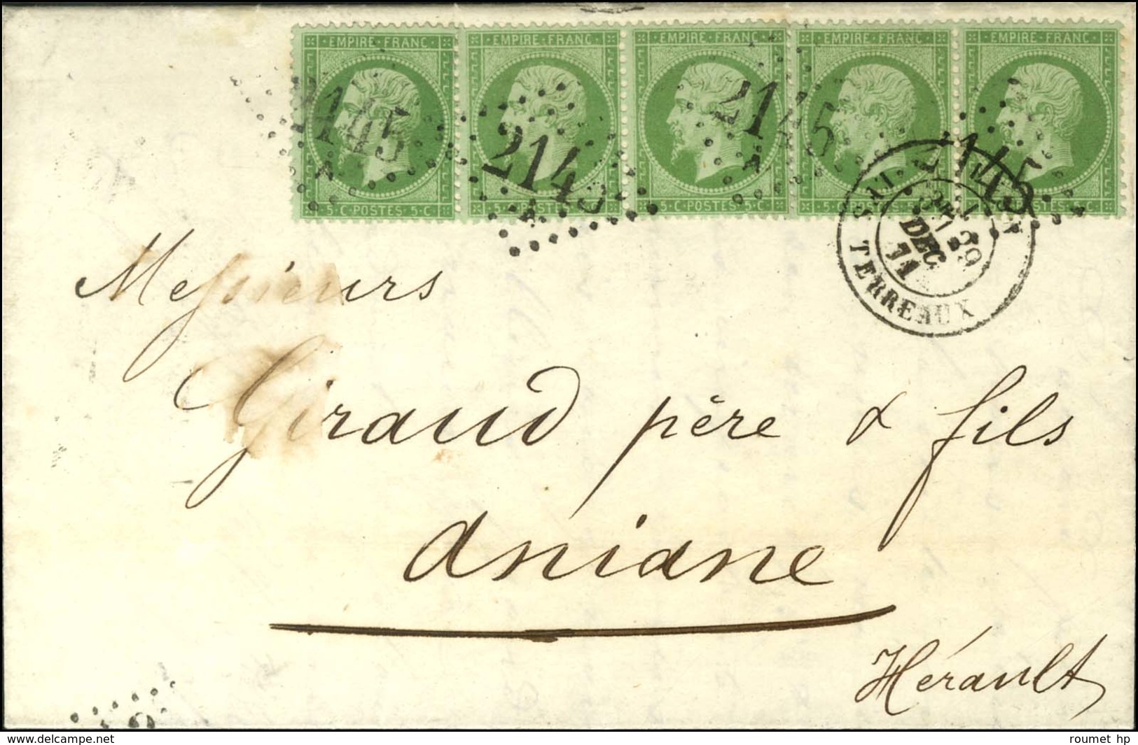 GC 2145 / A / N° 20 Bande De 5 Càd LYON / LES TERREAUX. 1871. - TB / SUP. - 1862 Napoleone III