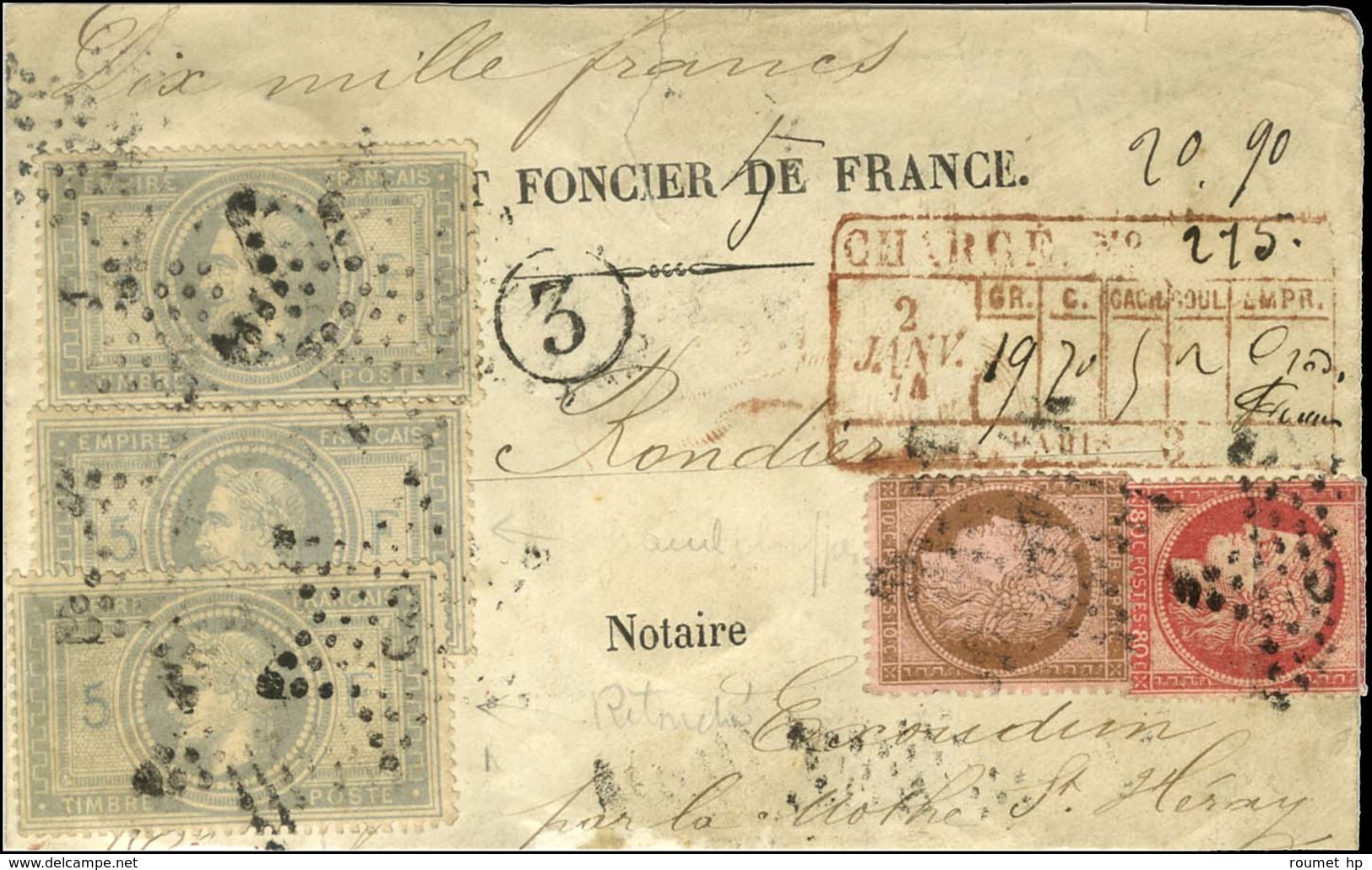 Etoile 3 / N° 33 (3, 1 Ex. Infime Froissure) + N° 57 (pli) + N° 58 Cachet Rouge De Chargement Au Recto PARIS 3 Sur Lettr - 1863-1870 Napoleone III Con Gli Allori