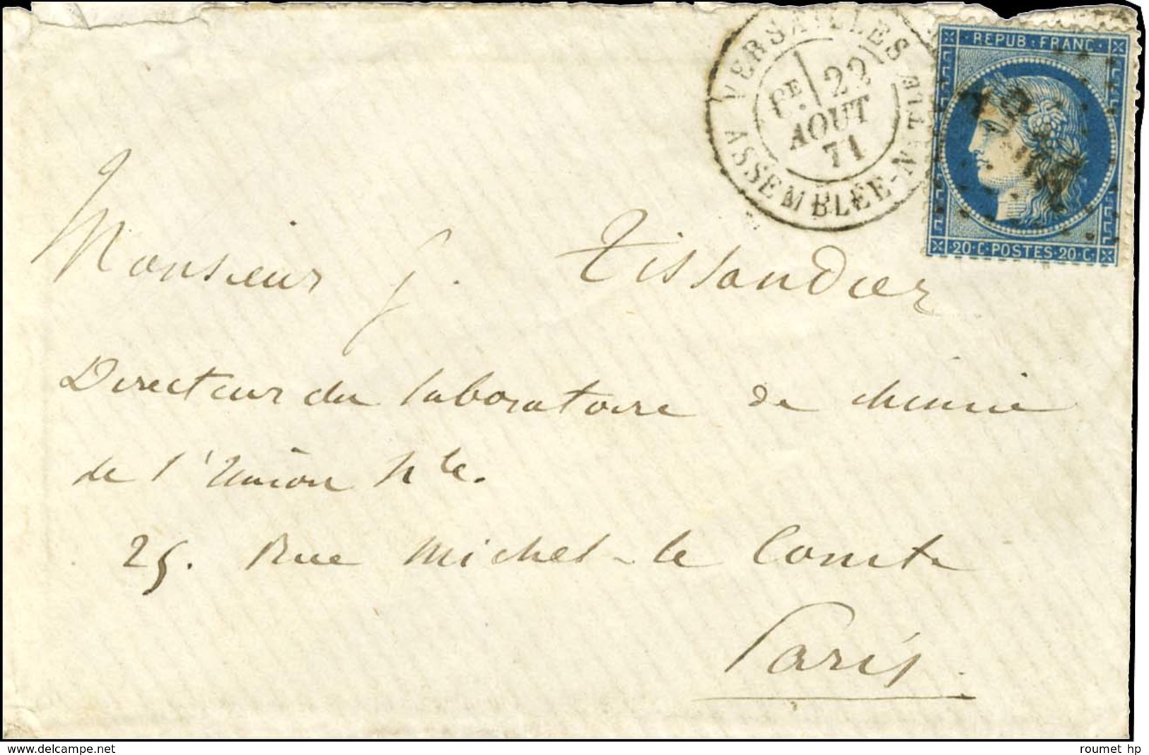 Losange ASNA / N° 37 Càd VERSAILLES / ASSEMBLEE NATle 22 AOUT 71 Sur Lettre Adressée à Monsieur Gaston Tissandier à Pari - 1870 Beleg Van Parijs