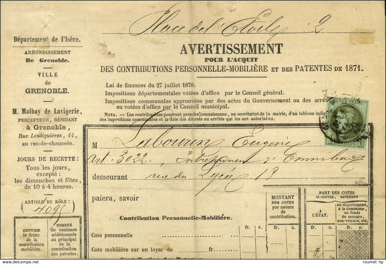 Càd T 17 GRENOBLE (37) / N° 39 Sur Avertissement. 1871. - TB. - 1870 Emissione Di Bordeaux
