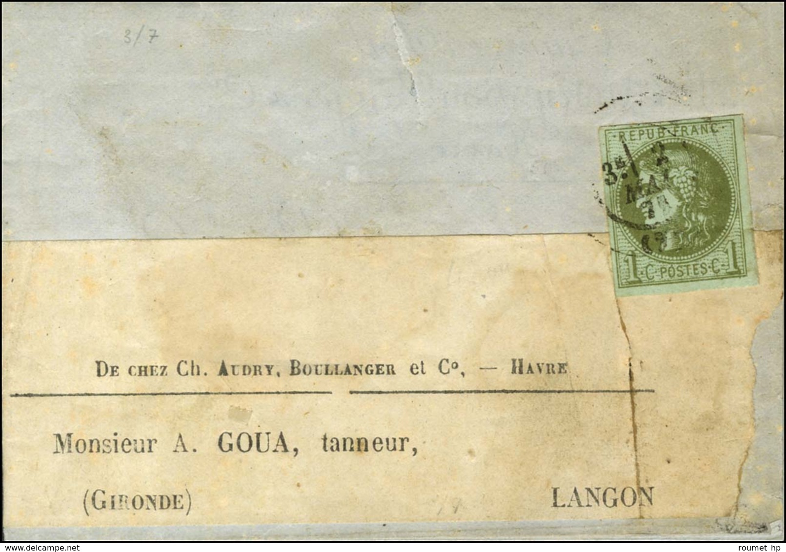 Càd T 17 LE HAVRE (74) / N° 39 Sur Imprimé Complet Sous Bande Pour Langon. 1871. - TB. - R. - 1870 Bordeaux Printing