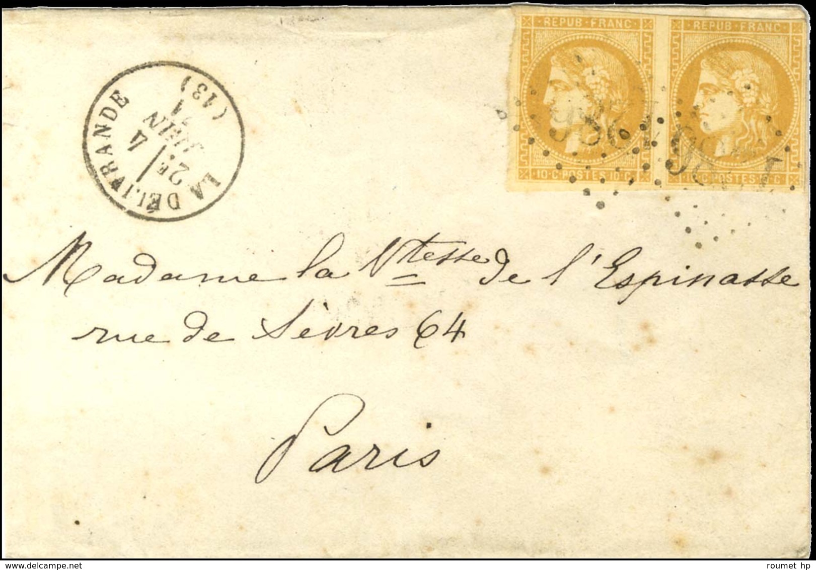 GC 1286 / N° 43 Paire, Nuance Citron, 1 Ex Filet Effleuré Càd T 15 LA DELIVRANDE (13). 1871. - TB. - 1870 Emisión De Bordeaux