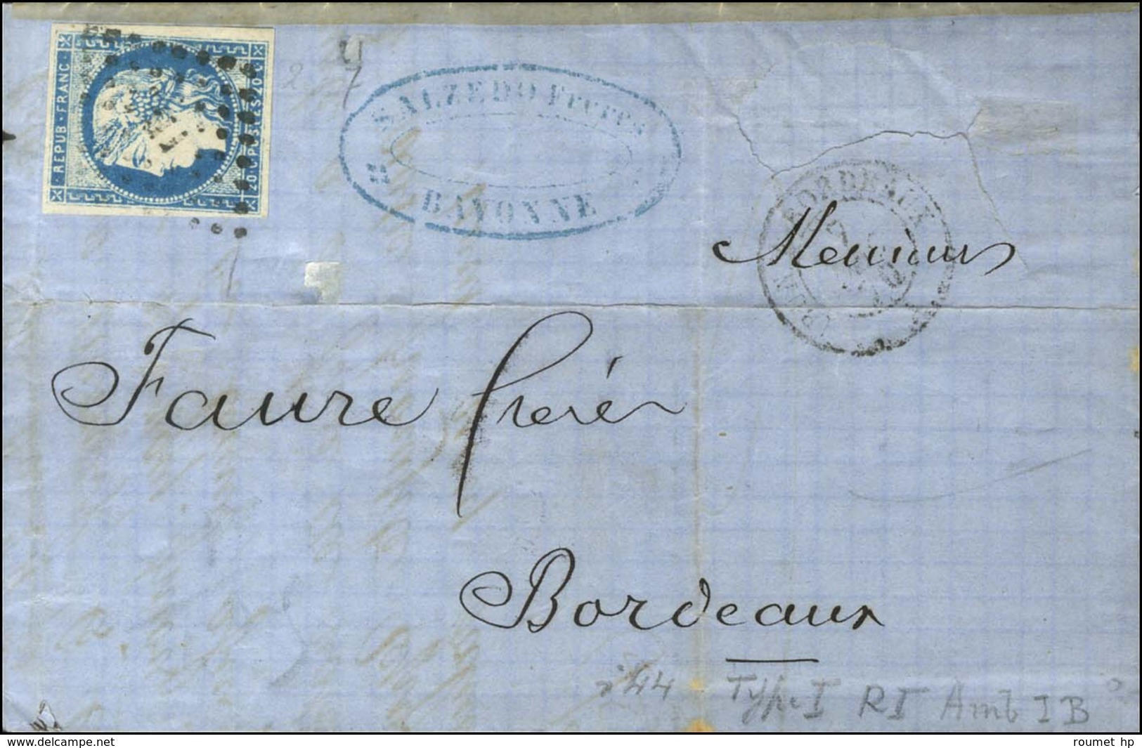 Losange IB / N° 44 Report I Belles Marges Càd IRUN A BORDEAUX Sur Lettre De Bayonne Pour Bordeaux. 1870. - TB. - 1870 Bordeaux Printing