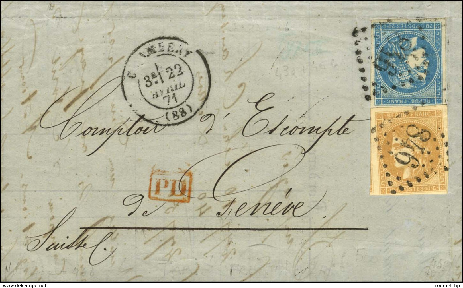 GC 846 / N° 43 + 45 Càd T 17 CHAMBERY (88) Sur Lettre Pour Genève. 1871. - TB. - 1870 Emisión De Bordeaux