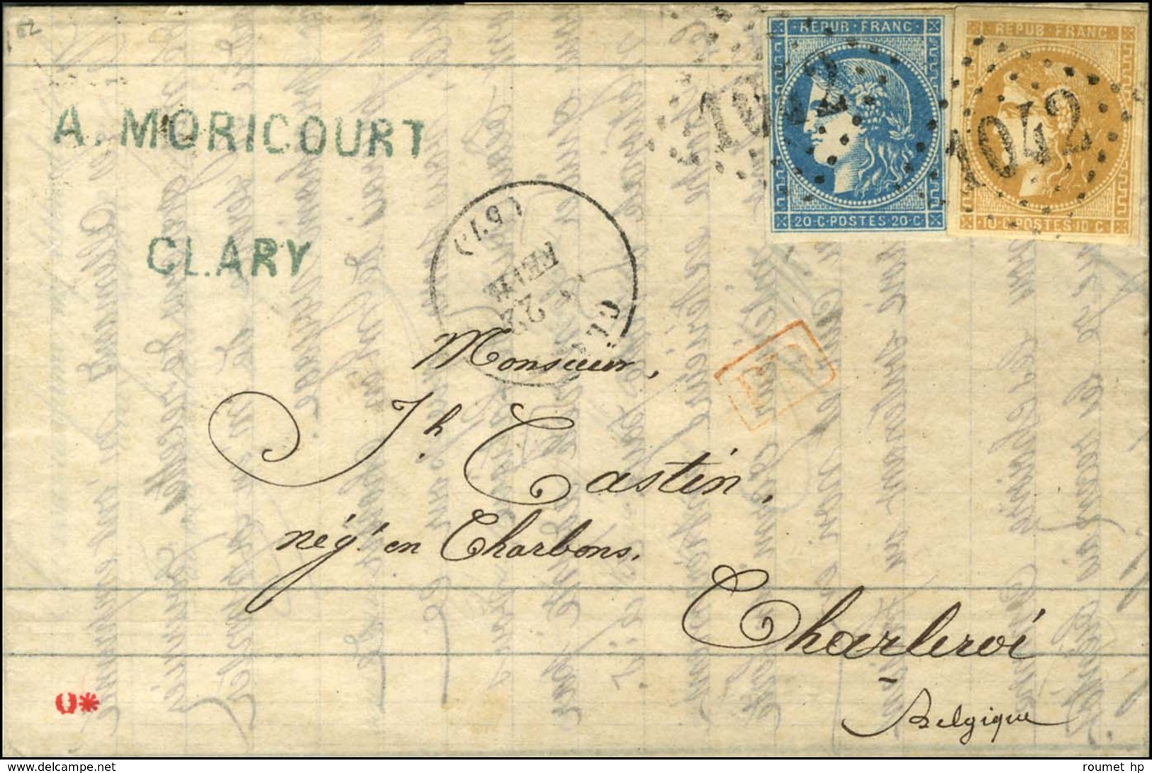 GC 1042 / N° 43 + 45 Càd T 16 CLARY (57) Sur Lettre Pour Charleroi. 1871. - TB. - 1870 Emissione Di Bordeaux
