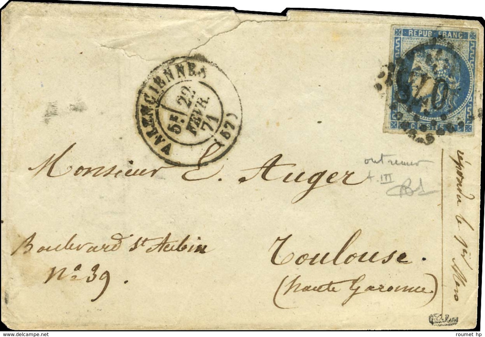 GC 4078 / N° 46 Bleu Outremer Càd T 17 VALENCIENNES (57). 1871. - TB. - 1870 Emisión De Bordeaux