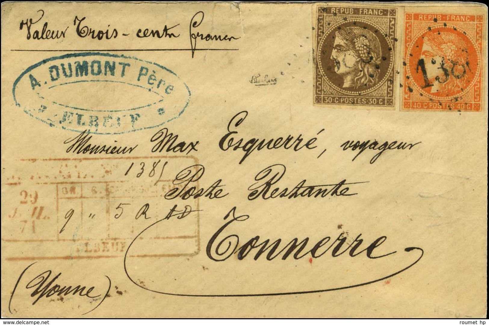GC 1386 / N° 47 + 48 Descriptif De Chargement Rouge ELBEUF Sur Lettre Chargée Pour Tonnerre. 1871. - TB / SUP. - R. - 1870 Emisión De Bordeaux