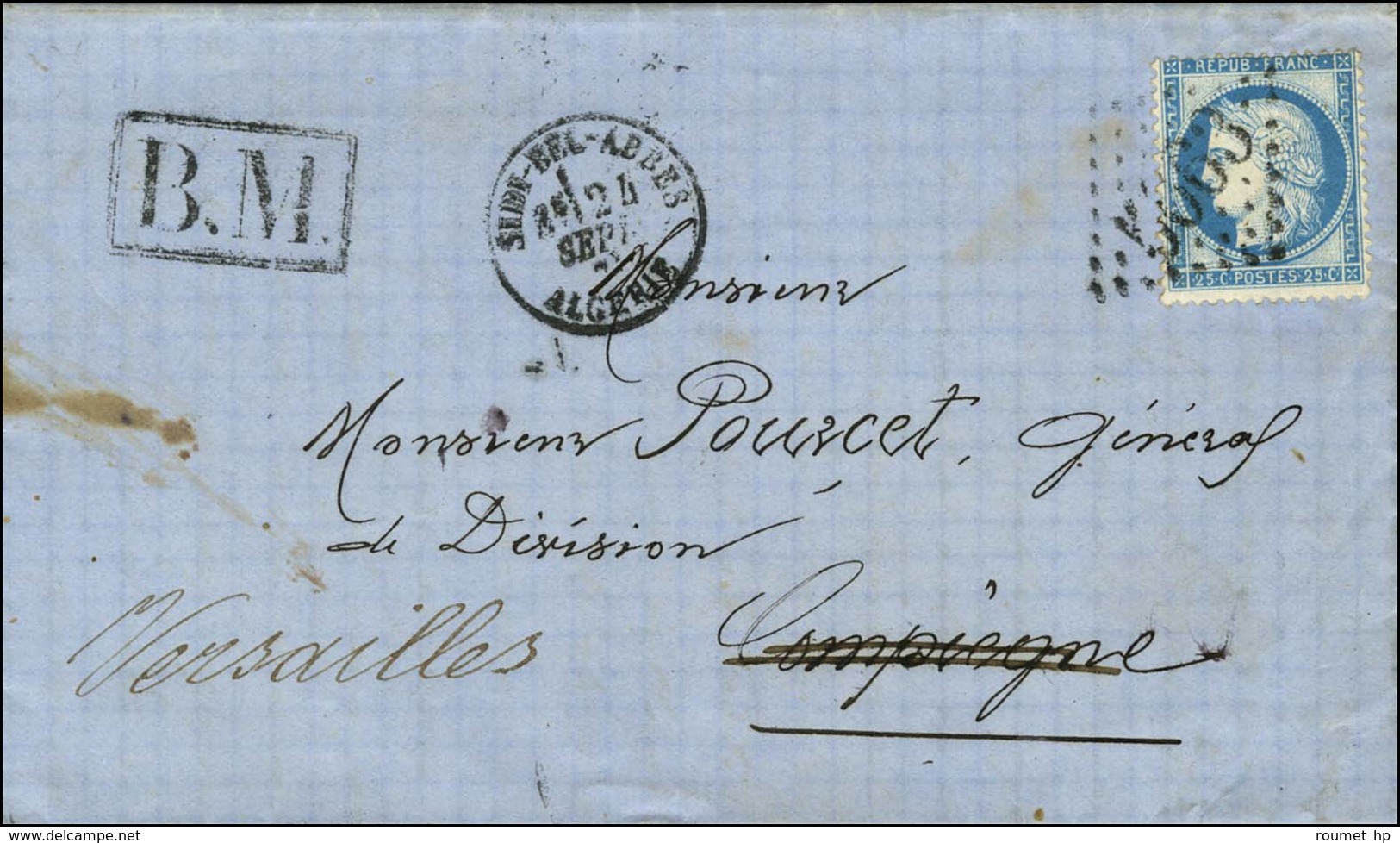 GC 5063 / N° 60 Càd T 16 SIDI-BEL ABBES / ALGERIE + BM Sur Lettre Avec Long Texte Adressée à Compiègne Et Réexpédiée à V - 1871-1875 Cérès