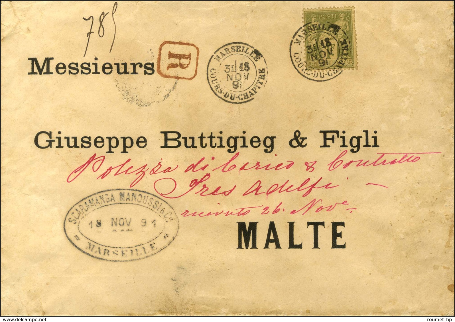 Càd MARSEILLE / COURS-DU-CHAPITRE / N° 82 Sur Lettre Recommandée Pour Malte. 1891. - TB / SUP. - 1876-1878 Sage (Typ I)