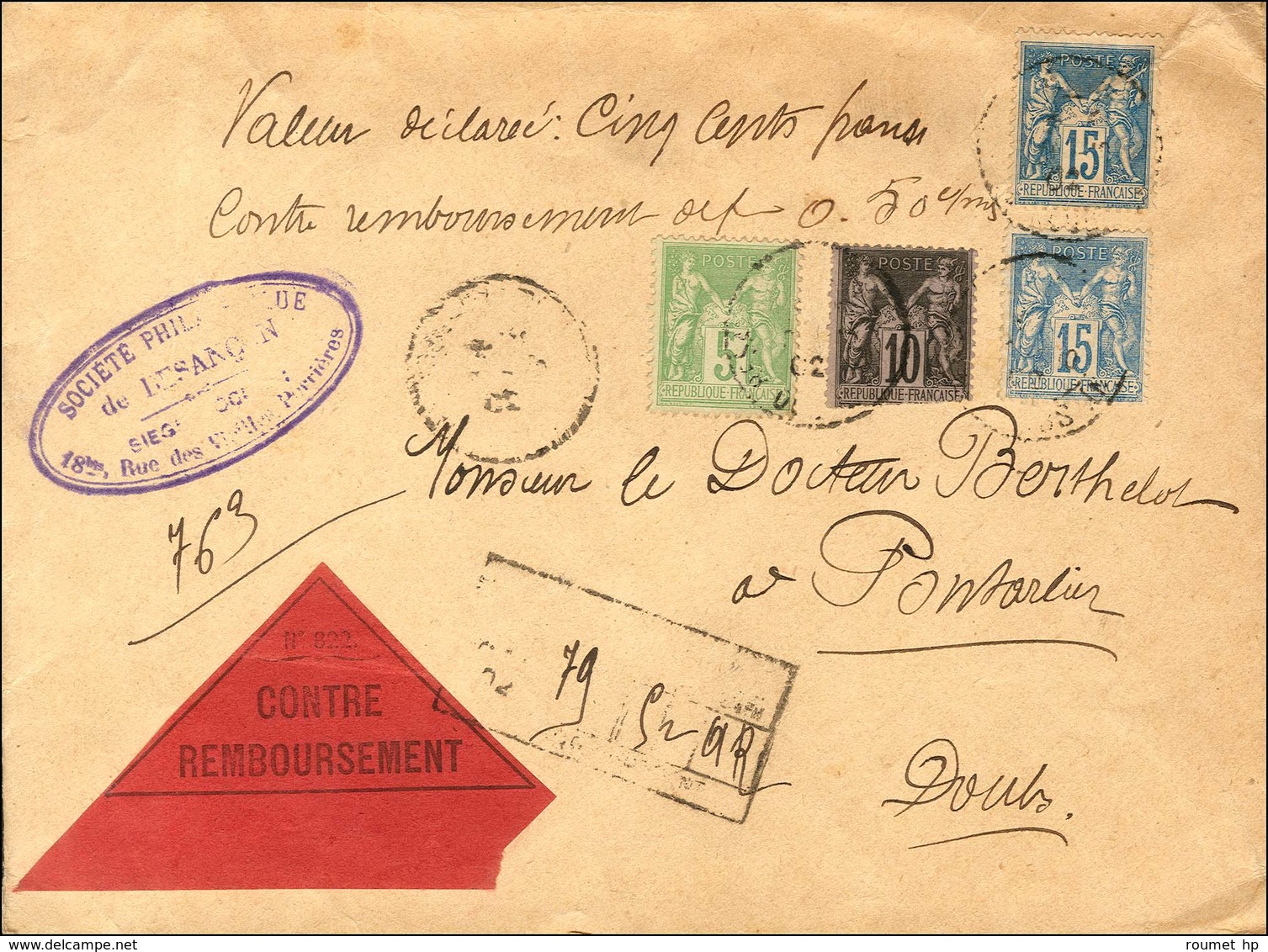 Càd BESANCON / DOUBS / N° 89 + N° 101 (2) + N° 106 Sur Envoi Contre Remboursement De 79g. (valeur Déclarée De 500F.) Por - 1876-1878 Sage (Type I)