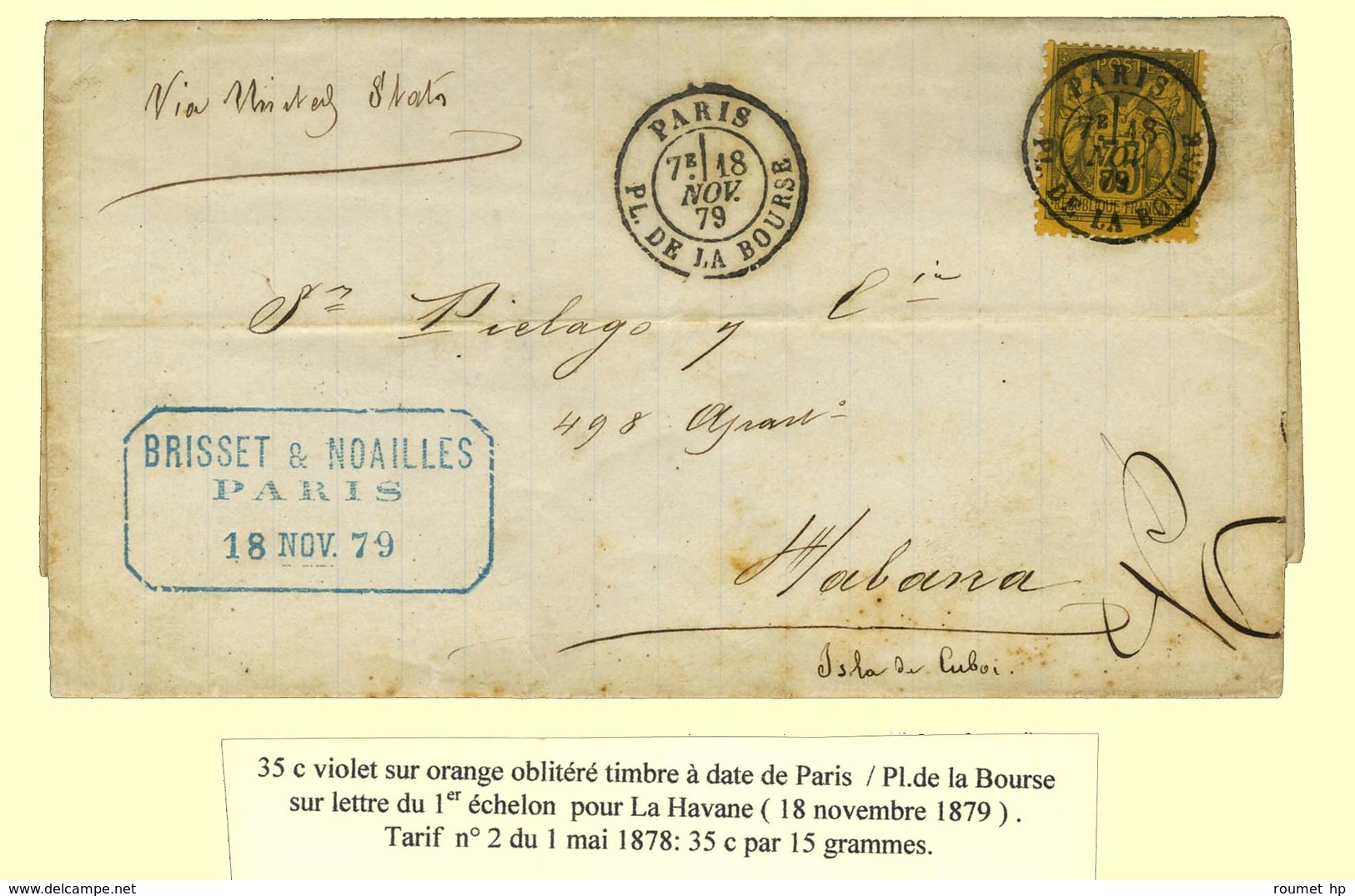 Càd PARIS / PL. DE LA BOURSE / N° 93 Sur Lettre Pour La Havane. 1879. - TB. - 1876-1878 Sage (Tipo I)