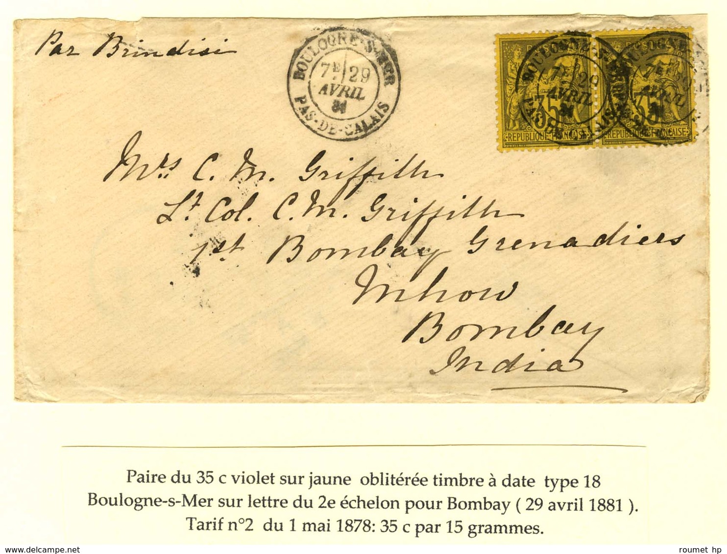 Càd BOULOGNE-S-MER / PAS DE CALAIS / N° 93 Paire Sur Lettre 2 Ports Pour Bombay. 1881. - SUP. - R. - 1876-1878 Sage (Typ I)