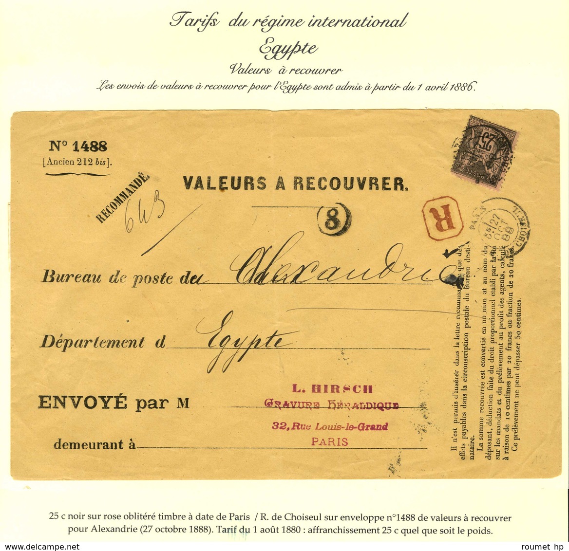 Càd PARIS / R. DE CHOISEUL / N° 97 (infime Def) Sur Valeurs à Recouvrer Pour Alexandrie. 1888. - TB. - R. - 1876-1878 Sage (Typ I)