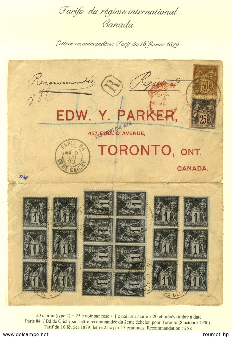 Càd PARIS 84 / Bd DE CLICHY / N° 80 + 83 (20) Au Verso + 97 (pd) Sur Lettre Recommandée 2 Ports Pour Toronto. 1900. - TB - 1876-1878 Sage (Tipo I)