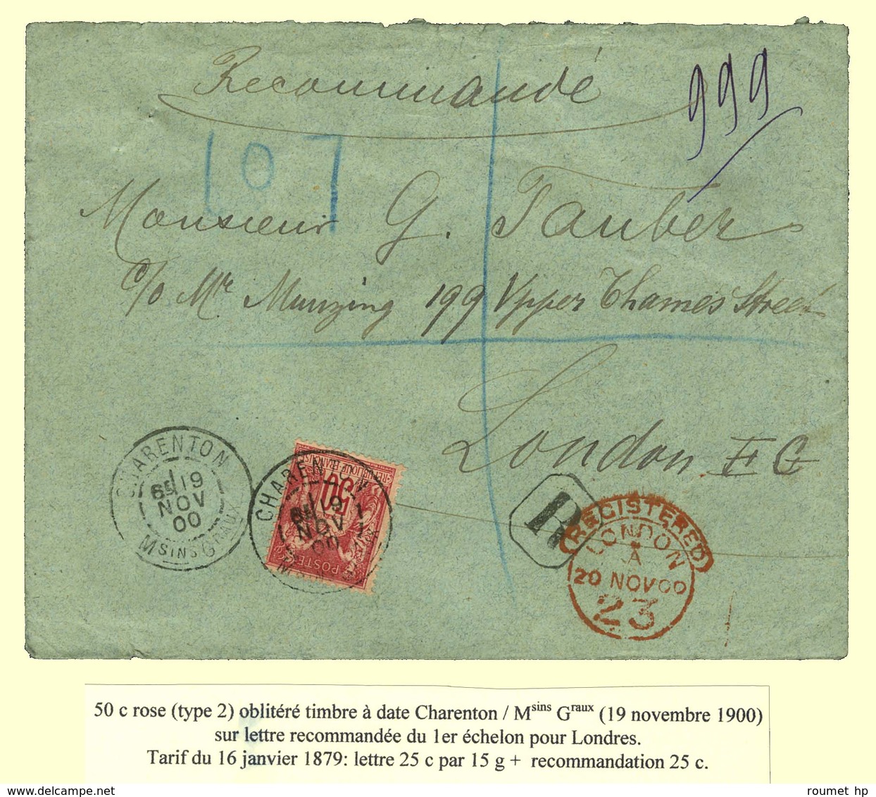 Càd CHARENTON / Msins Graux / N° 98 Sur Lettre Recommandée Pour Londres. 1900. - SUP. - R. - 1876-1878 Sage (Tipo I)