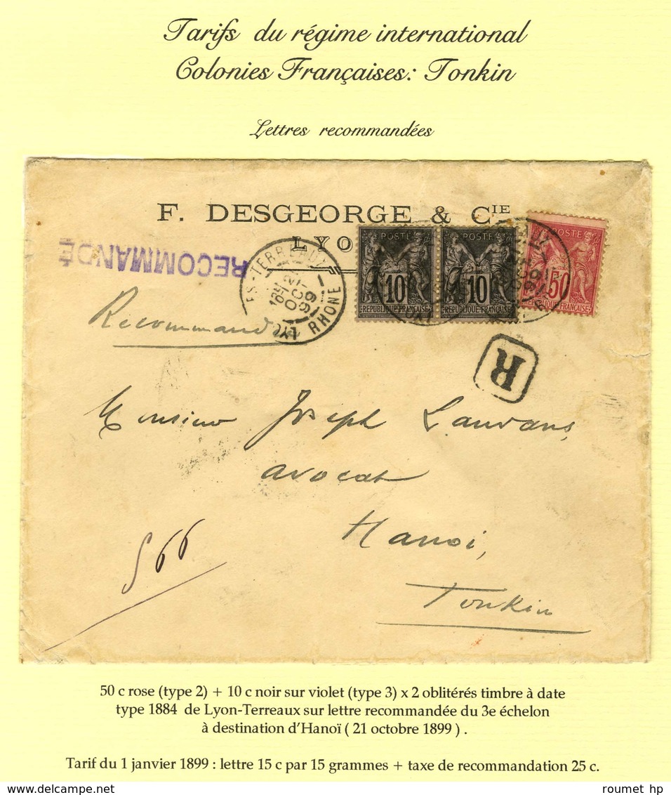 Càd LYON / LES TERREAUX / N° 98 + 103 (2) Sur Lettre Recommandée 3 Ports Pour Hanoi (Tonkin). 1899. - TB / SUP. - R. - 1876-1878 Sage (Type I)