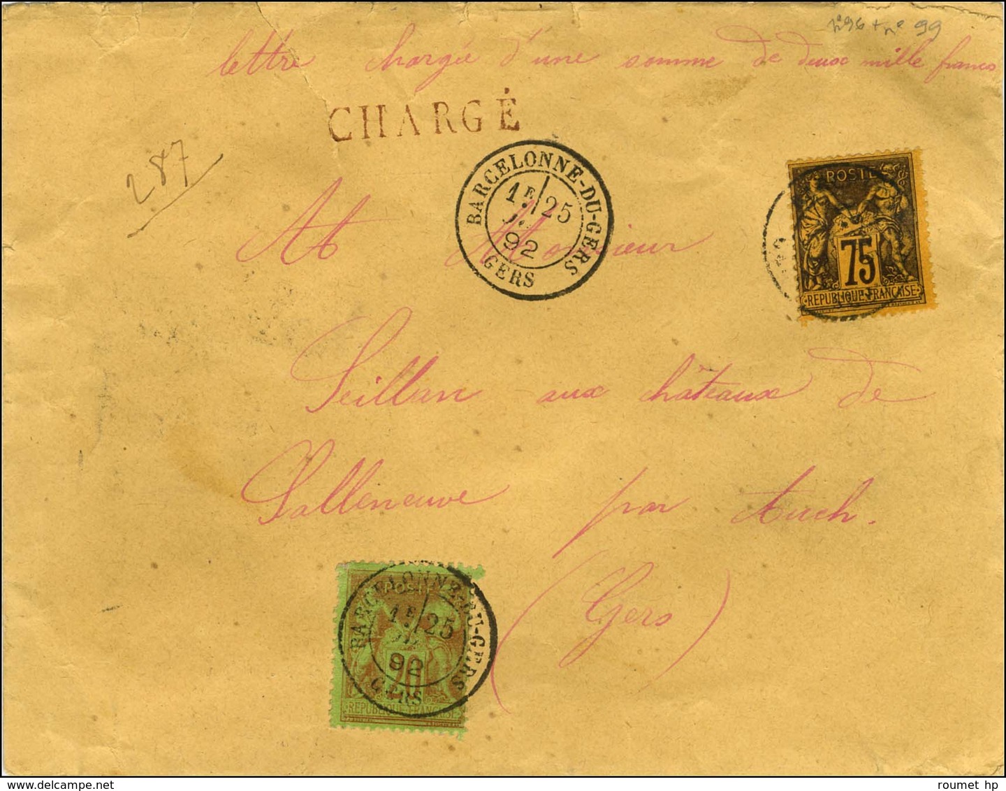 Càd T 18 BARCELONNE-DU-GERS / GERS / N° 96 + 99 Sur Lettre Chargée. 1892. - SUP. - 1876-1878 Sage (Typ I)