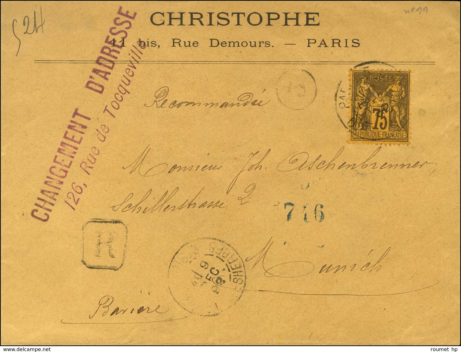 Càd PARIS / N° 99 Sur Lettre Recommandée Pour Munich. 1892. - TB. - 1876-1878 Sage (Type I)