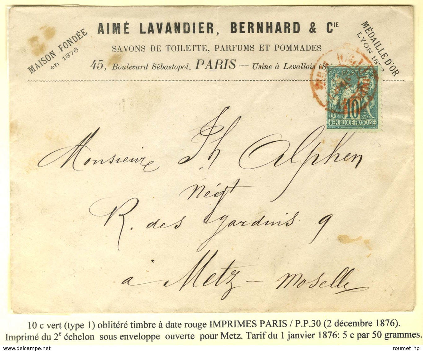 Càd Rouge IMPRIMES PARIS / PP 30 / N° 65 Sur Imprimé 2 Ports Sous Enveloppe Ouverte Pour Metz. 1876. - TB / SUP. - R. - 1876-1878 Sage (Typ I)