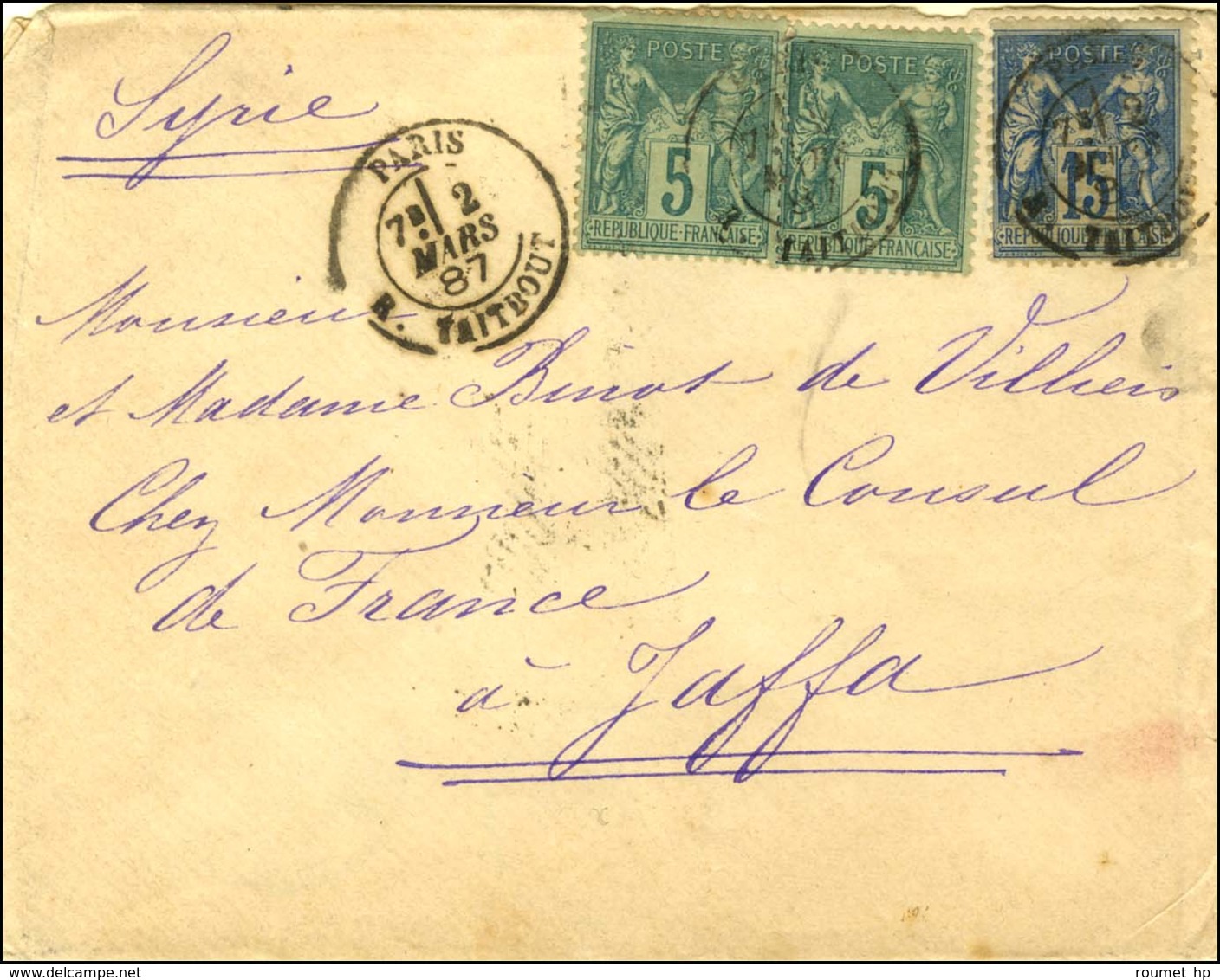 Càd PARIS / R. TAITBOUT / N° 75 (2) + 90 Sur Lettre Adressée Au Consul De France à Jaffa. Au Verso, Càd De Passage ALEXA - 1876-1878 Sage (Typ I)